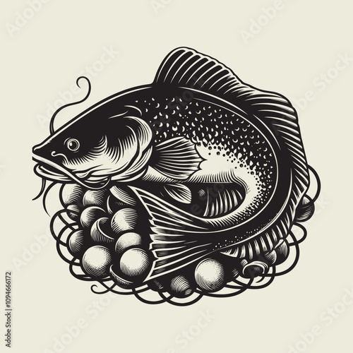 A fish head and a fish in the middle of a forest. A poster that says fish set on it.