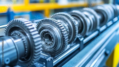 Close-up of a Row of Industrial Gears and Shafts