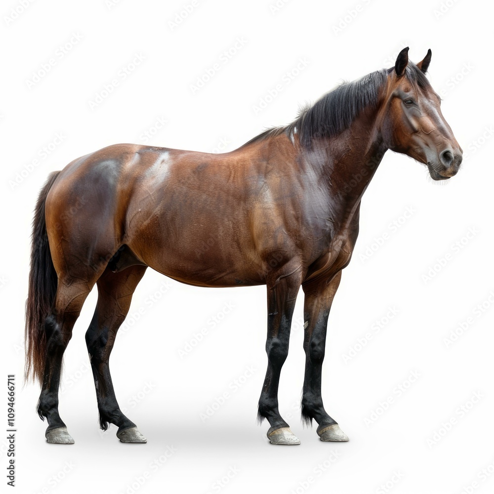Studio shot of a majestic brown horse with dark mane and tail, isolated on white Studio shot of a majestic brown horse with dark mane and tail, isolated on white
