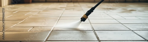 A high-pressure cleaner sprays water on tiled flooring, effectively removing dirt and grime for a spotless finish. photo
