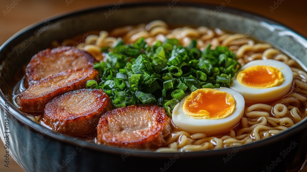 Delicious ramen noodle soup with chashu pork, soft boiled eggs, and scallions. Delicious ramen noodle soup with chashu pork, soft boiled eggs, and scallions.