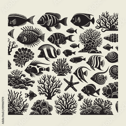 A fish head and a fish in the middle of a forest. A poster that says fish set on it.