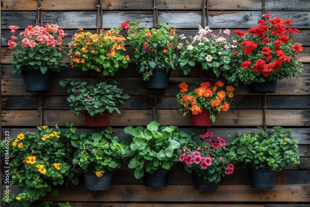 Colorful flower pots hanging on a wooden wall creating a vibrant vertical garden Colorful flower pots hanging on a wooden wall creating a vibrant vertical garden