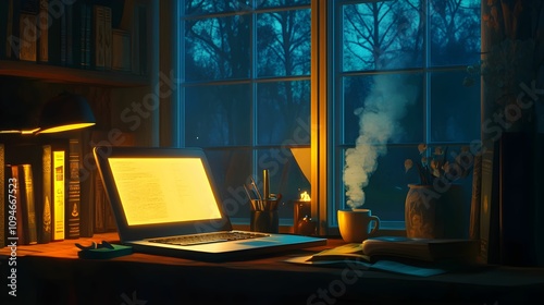 Wallpaper Mural Warm Workspace with Open Laptop and Books Torontodigital.ca