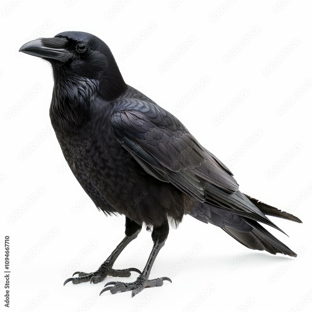 Fototapeta premium Studio shot of large black common raven standing on seamless white background
