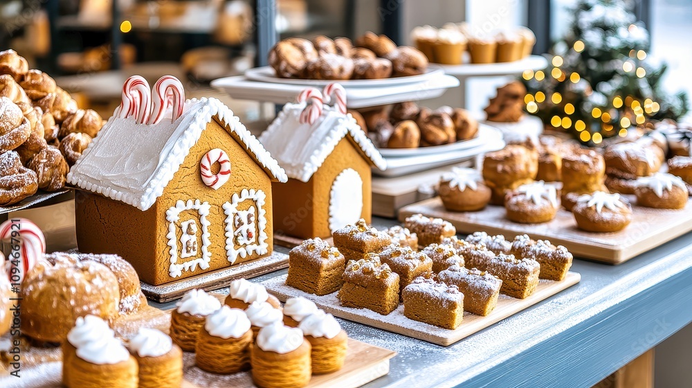 Delightful holiday bake sale showcasing festive gingerbread houses and assorted pastries at a cozy winter market Delightful holiday bake sale showcasing festive gingerbread houses and assorted pastries at a cozy winter market
