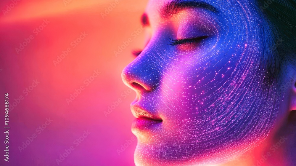 Captivating woman illuminated by vibrant colors, showcasing the beauty of light and reflection in a contemporary artistic setting Captivating woman illuminated by vibrant colors, showcasing the beauty of light and reflection in a contemporary artistic setting