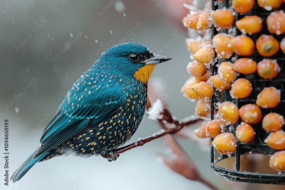 Fototapeta premium Spangled cotinga perching on branch near bird feeder during snowfall