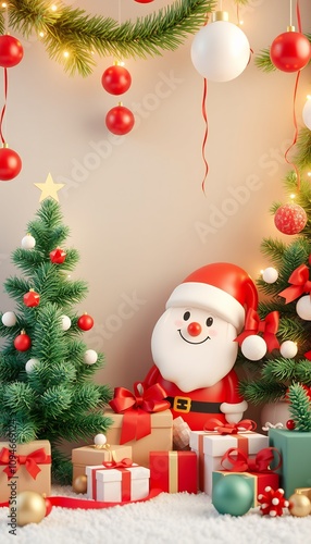 Santa Claus with Christmas presents under a festive fir tree.