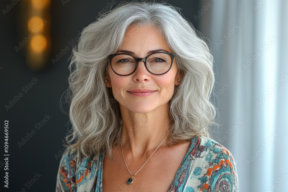 Smiling mature businesswoman wearing eyeglasses and showing gray hair