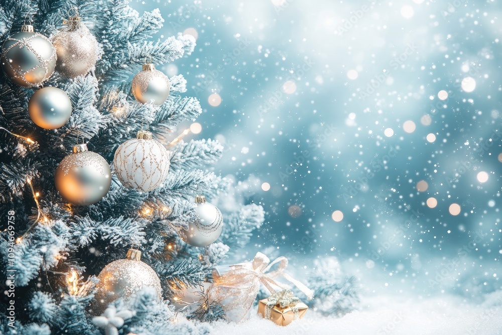 Obraz premium Christmas tree decorated with elegant balls and gifts is covered by snow