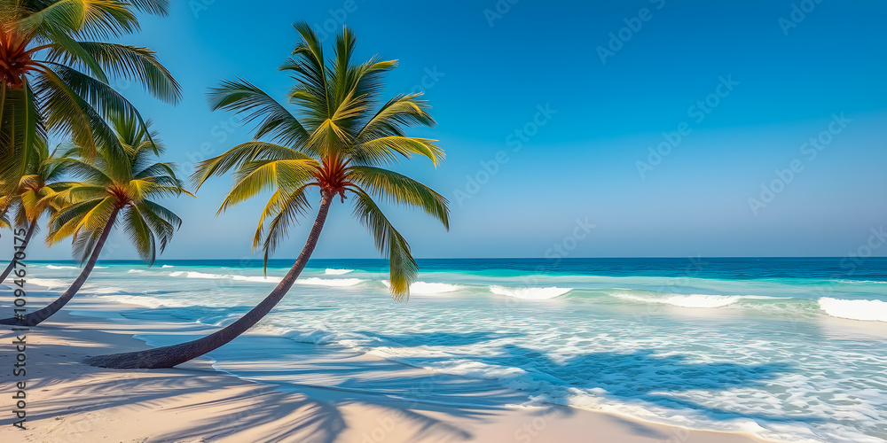 Beautiful beach with palm trees and turquoise sea, waves splashing on sandy beach coast. Tropical landscape, paradise island. Sunny summer vacation, exotic serene tranquil peaceful nature. Ai gen Beautiful beach with palm trees and turquoise sea, waves splashing on sandy beach coast. Tropical landscape, paradise island. Sunny summer vacation, exotic serene tranquil peaceful nature. Ai gen