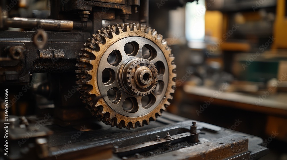 Fototapeta premium Close-up of a large gear in an old printing press
