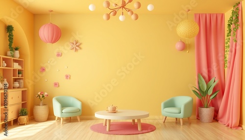 Two pastel green armchairs facing each other with a round coffee table and pink rug in a bright yellow room with pink and yellow decorations.