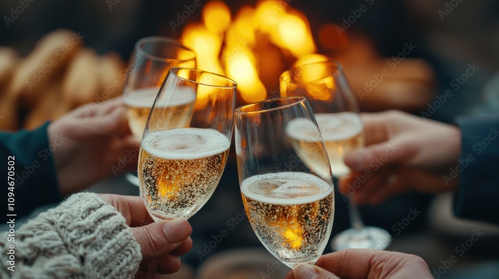Friends celebrating new year's eve with champagne by the fireplace