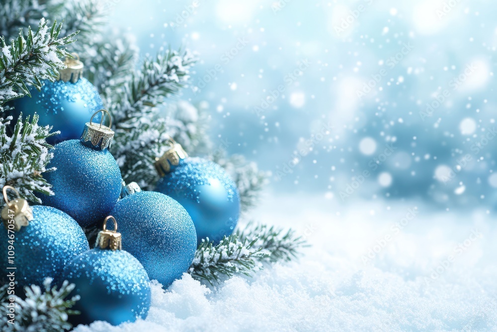 Blue Christmas Ornaments with Snowflakes and Text Space Blue Christmas Ornaments with Snowflakes and Text Space