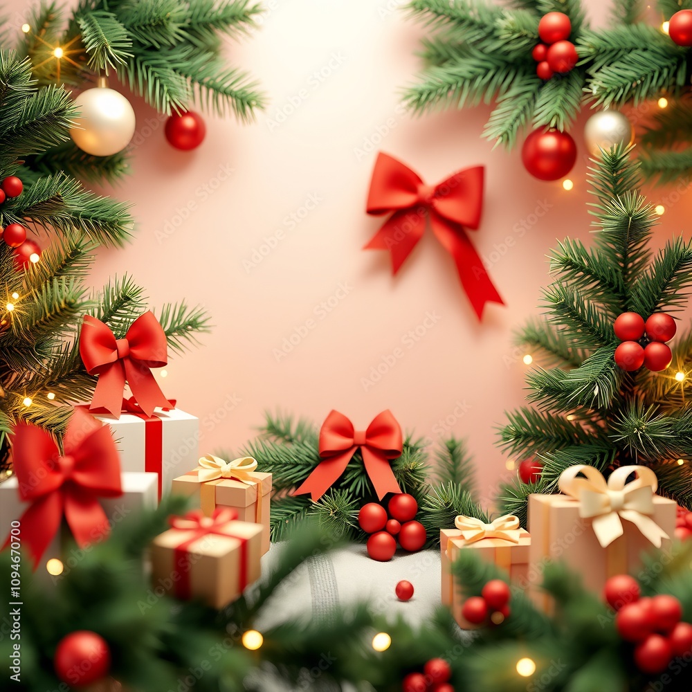 Festive Christmas Background with Pine Branches, Gifts, Red Ornaments, and String Lights. Festive Christmas Background with Pine Branches, Gifts, Red Ornaments, and String Lights.