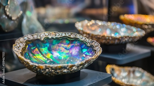 Opalescent Shell Bowl with Precious Stones