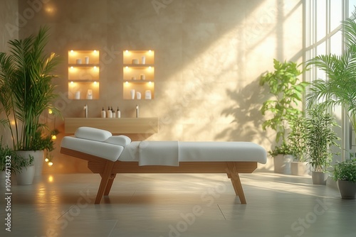 Modern spa room bathed in sunlight, with an empty massage table and lush green plants, exudes a peaceful and serene ambiance