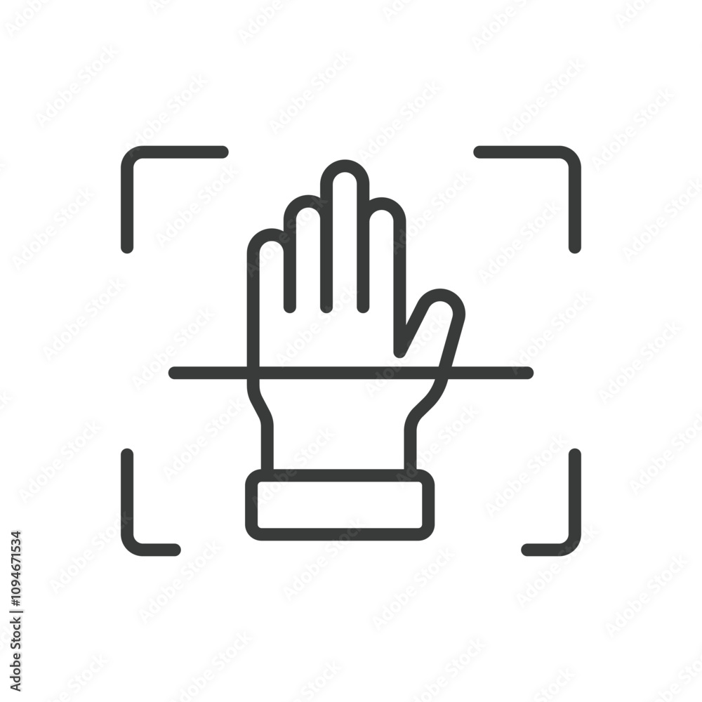 Hand scanning, icon in line design. Hand, scanning, biometrics, fingerprint, identification, access, verification on white background vector. Hand scanning editable stroke icon Hand scanning, icon in line design. Hand, scanning, biometrics, fingerprint, identification, access, verification on white background vector. Hand scanning editable stroke icon