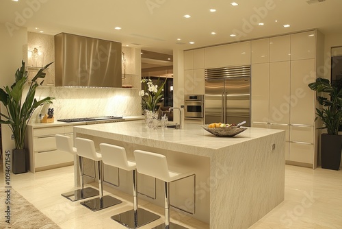 Modern beige kitchen boasting island and recessed lighting illuminating the room photo