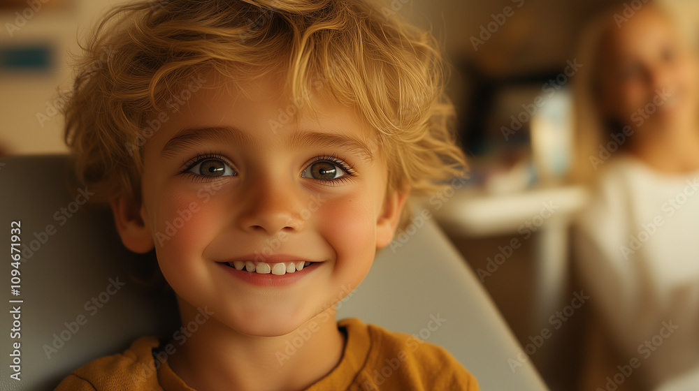 Happy child at the dentist, smiling and joyful. Dentist clinic with a happy child