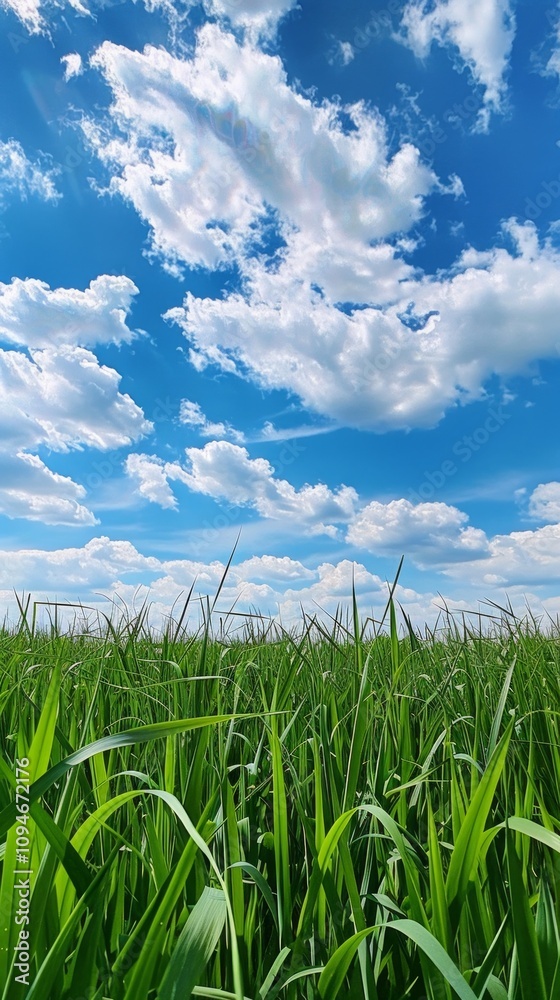 Obraz premium A serene countryside scene with lush green grass, blue sky, and white clouds. Peaceful and picturesque ambiance captured in nature's beauty.