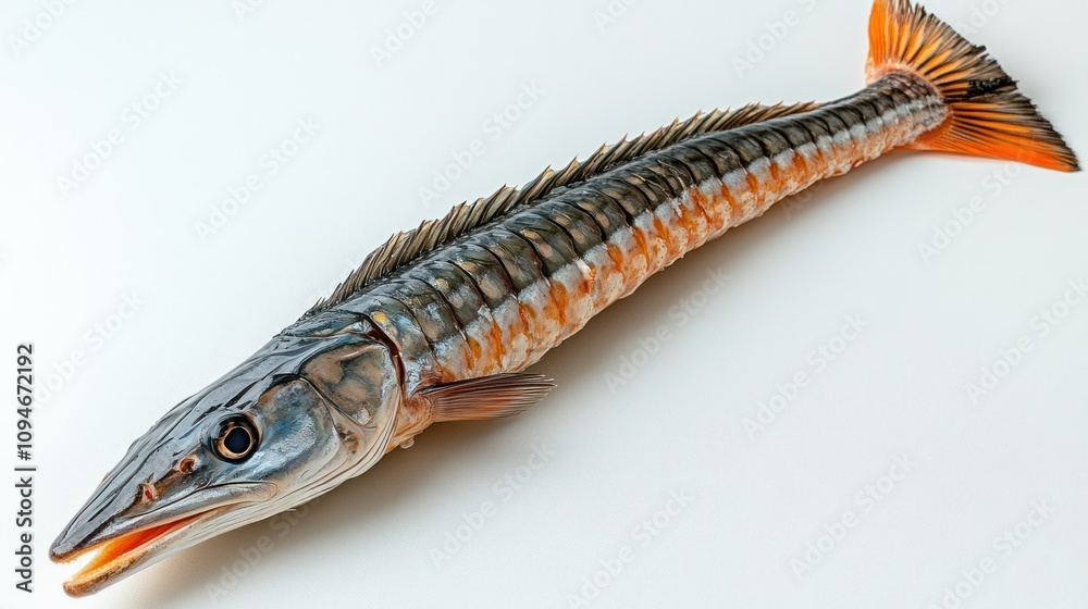 Detailed close-up of a barracuda fish model on white background. Detailed close-up of a barracuda fish model on white background.