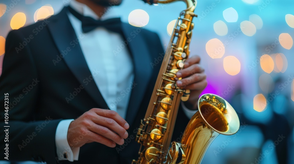 Fototapeta premium Saxophonist playing in chic lounge during new year's eve celebration