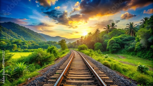 Toned View of Railway Track Crossing with Lush Greenery and Calm Sky - Perfect for Transport and Journey Themes photo