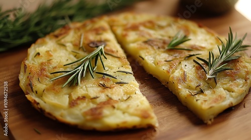 Crispy Potato Rosti with Fresh Rosemary on a Wooden Cutting Board. AI Generated photo