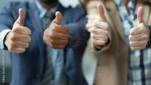 Four business people, two males, two females, in professional attire, giving thumbs-up signs. Displaying enthusiasm and positivity.