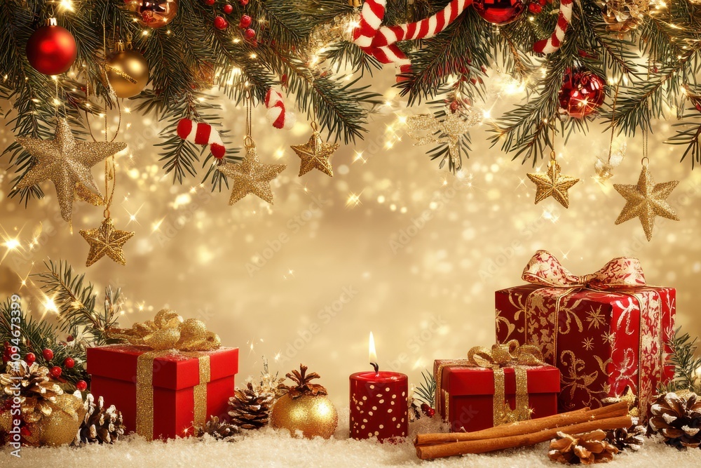 Christmas Background with Gold and Red Decorations Christmas Background with Gold and Red Decorations