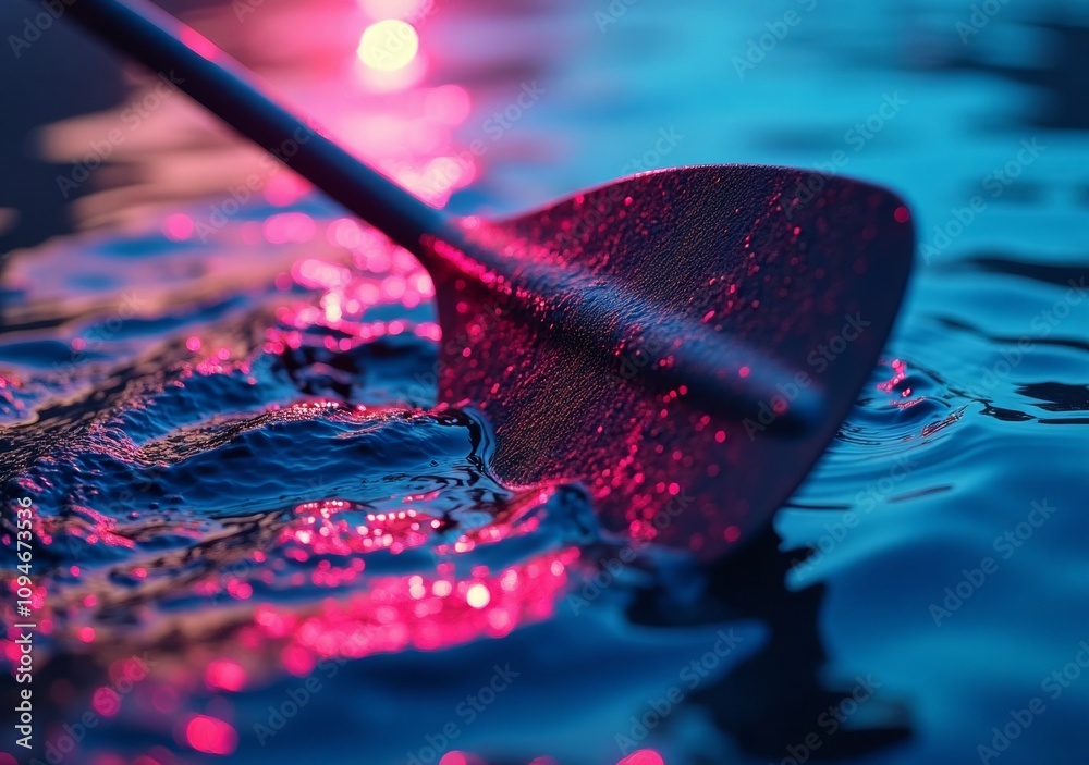 Paddle glides through water as twilight colors create a serene atmosphere