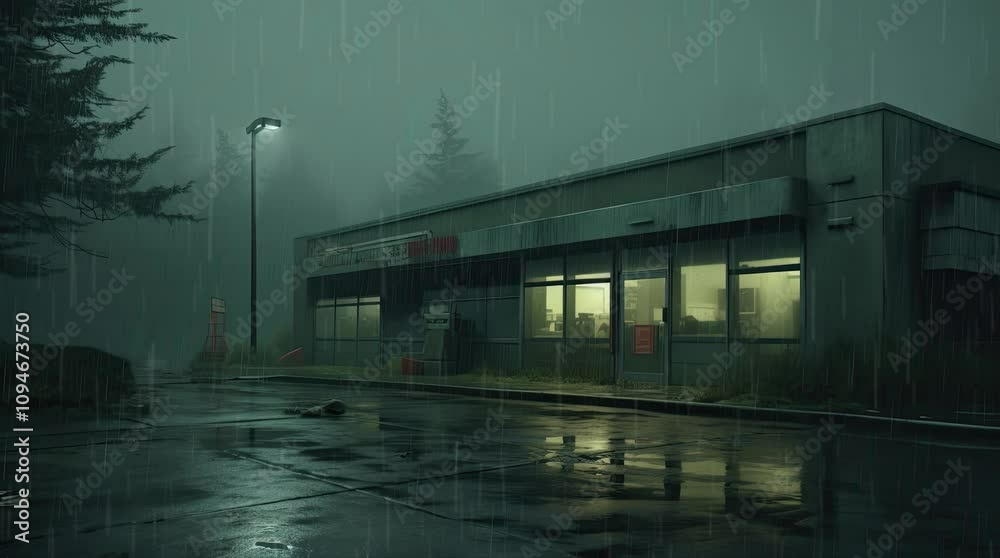 A view of a building during heavy rain at night. 4K animated video