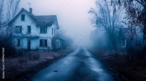 A Desolate Farmhouse Bathed in Mist on a Foggy Morning. AI Generated