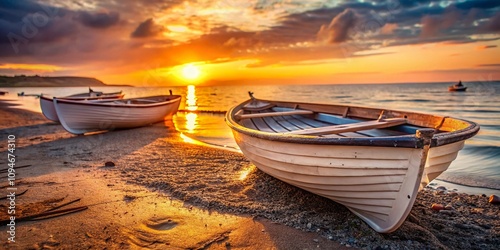 Tranquil Rowing Boats Resting on the Shore at Sunset, Capturing the Essence of a Peaceful Evening by the Water's Edge, Ideal for Nature and Travel Themes photo