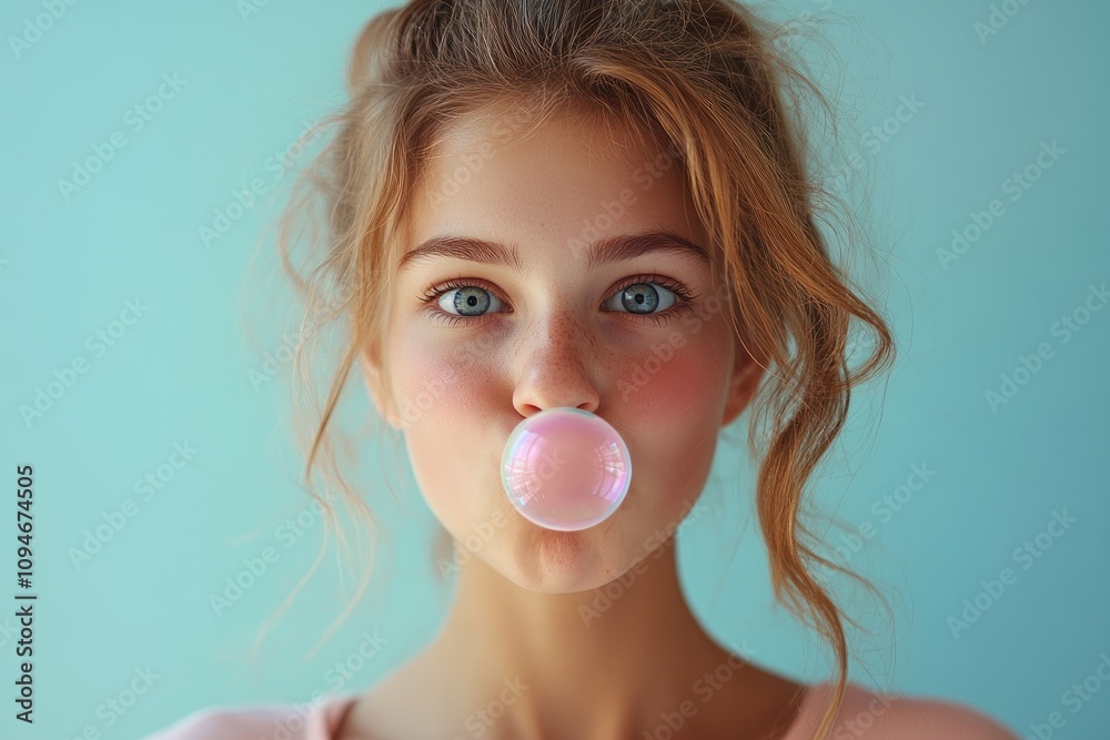 Teenager girl blowing bubble gum with blue background Teenager girl blowing bubble gum with blue background