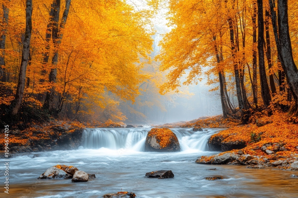 Misty waterfall flowing through golden autumn forest Misty waterfall flowing through golden autumn forest