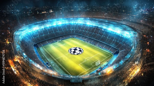 Aerial view of a brightly lit football stadium during a match. photo