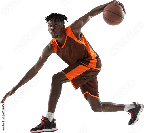 Professional sport. One young african man, basketball player training, practicing against transparent background. Concept of healthy lifestyle, motion and action, competition. Ad