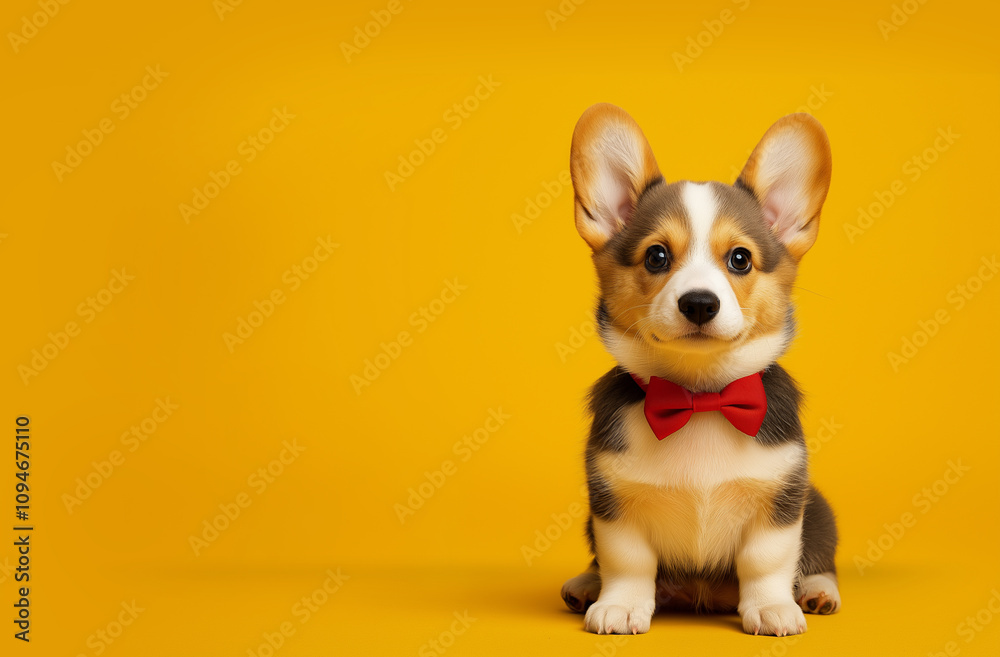 Cute Corgi puppy with red bow on yellow background Cute Corgi puppy with red bow on yellow background
