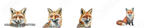 Watercolor Boho decor concept. A series of charming fox illustrations showcasing their playful expressions and vibrant fur patterns.