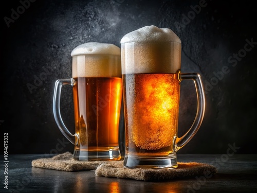 Two Pints of Frothy Beer on a Dramatic Black Background Capturing the Essence of Craft Brewing and Enjoyment in a Bold, Artistic Style for Stock Photography