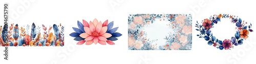 Watercolor Boho decor concept. Vibrant floral designs featuring assorted blossoms, perfect for enhancing art projects or decorative purposes.