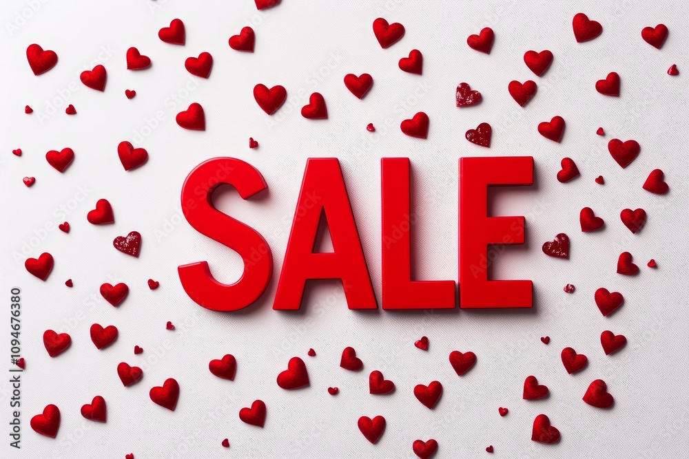 SALE written in bold red letters with small heart-shaped confetti scattered around, placed on a white background, ideal for romantic-themed promotions or Valentine's Day advertisements SALE written in bold red letters with small heart-shaped confetti scattered around, placed on a white background, ideal for romantic-themed promotions or Valentine's Day advertisements