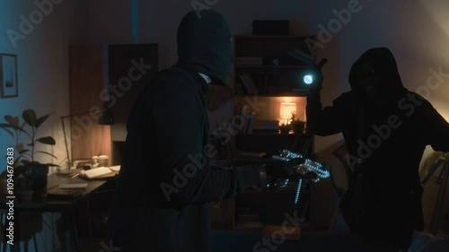 Caucasian thief in balaclava holding jewellery box discussing pearl necklace with Black accomplice with flashlight while holding robbery photo