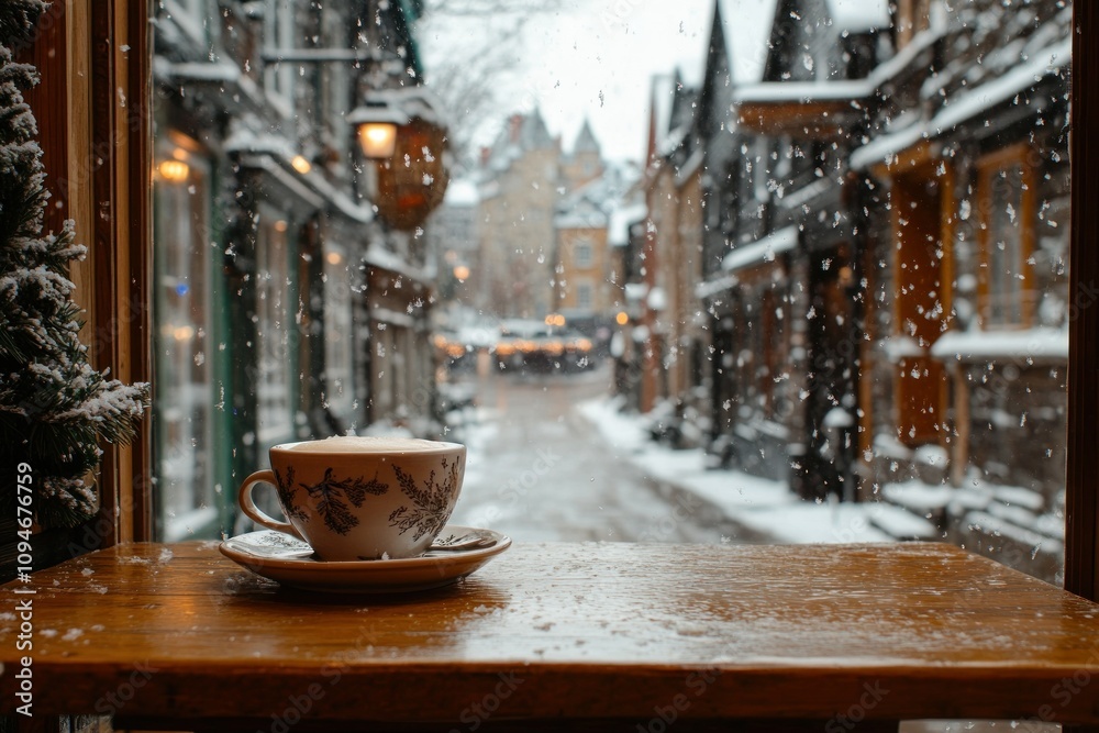 Cup of coffee on a wooden table, overlooking a snowy street through a frosty window Cup of coffee on a wooden table, overlooking a snowy street through a frosty window
