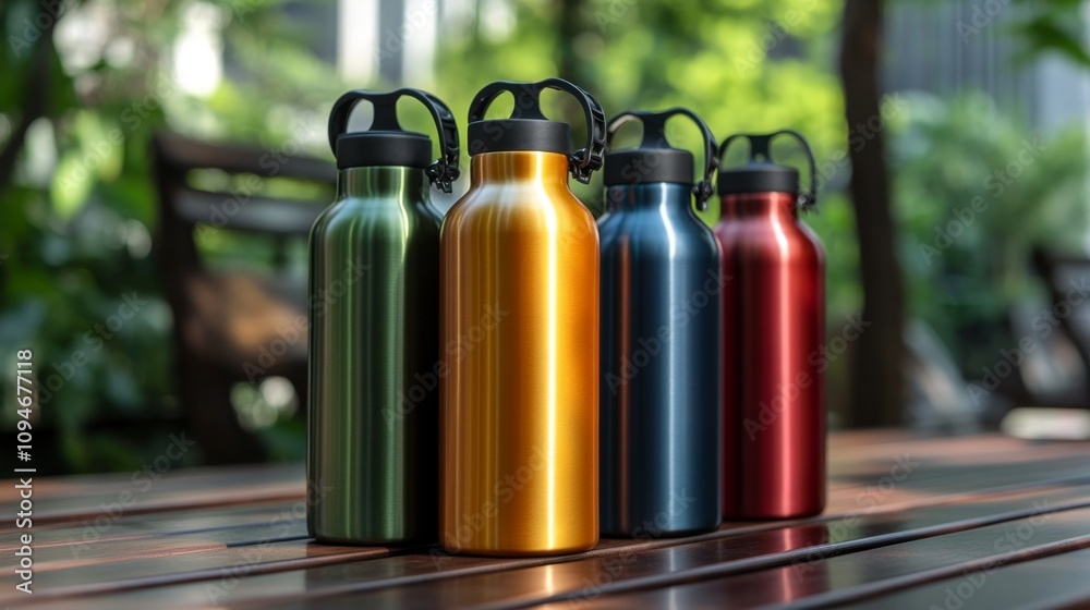 Colorful Metal Water Bottles on Wooden Table Colorful Metal Water Bottles on Wooden Table