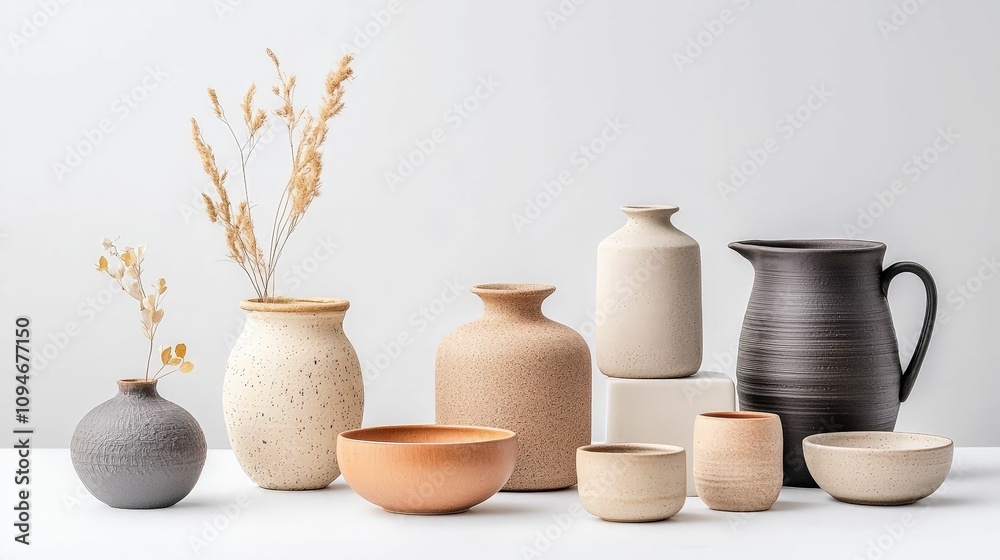 Handmade Ceramics concept. A collection of unique pottery vases and containers featuring natural tones, accompanied by dried flowers, creating a minimalist aesthetic. Handmade Ceramics concept. A collection of unique pottery vases and containers featuring natural tones, accompanied by dried flowers, creating a minimalist aesthetic.
